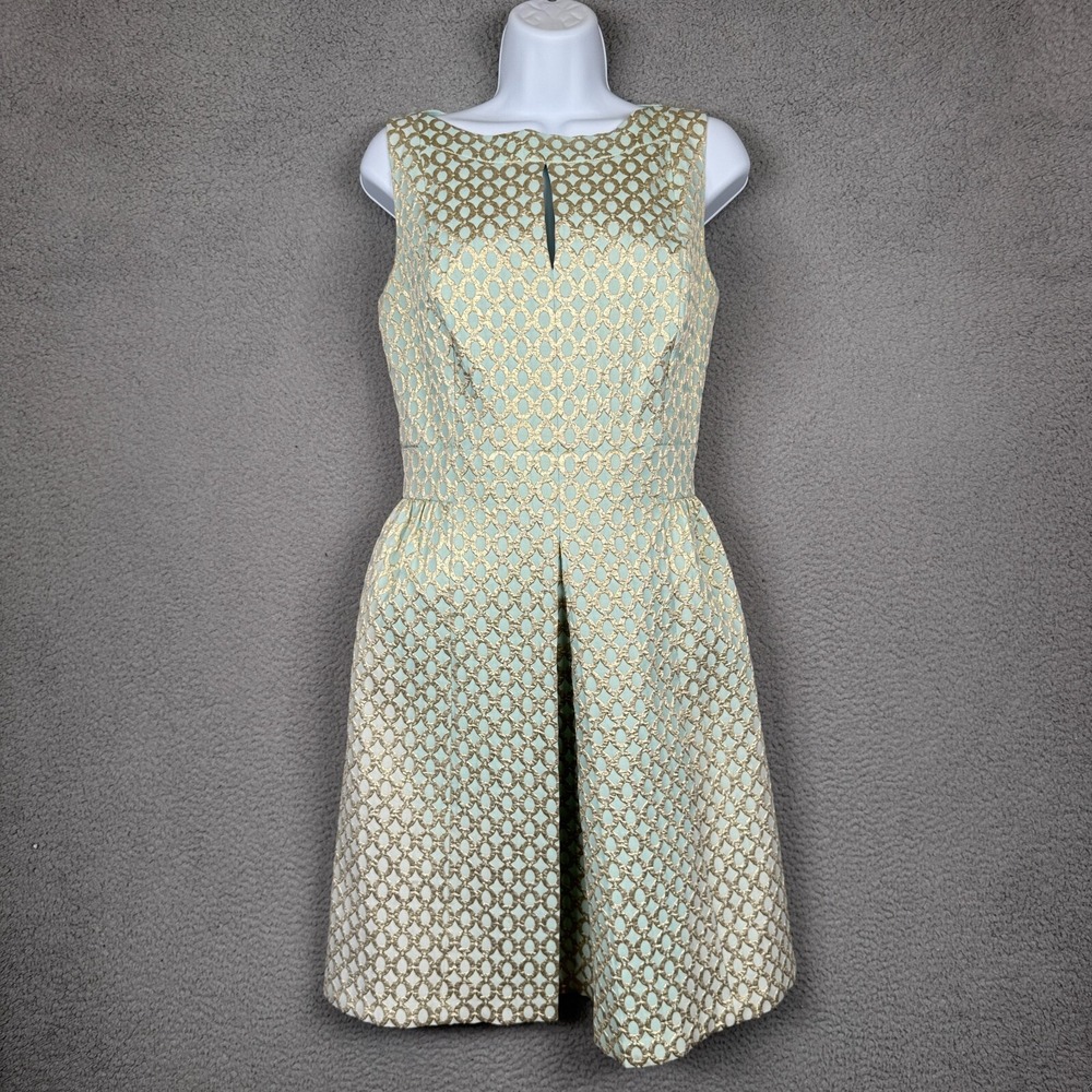 Lauren Ralph Lauren Dress Womens 10‎ Mint Green Gold Jacquard Brocade Party Glam